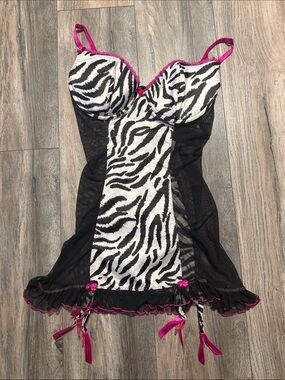 Frederick's of Hollywood Black and Hot Pink Zebra Mesh Chemise